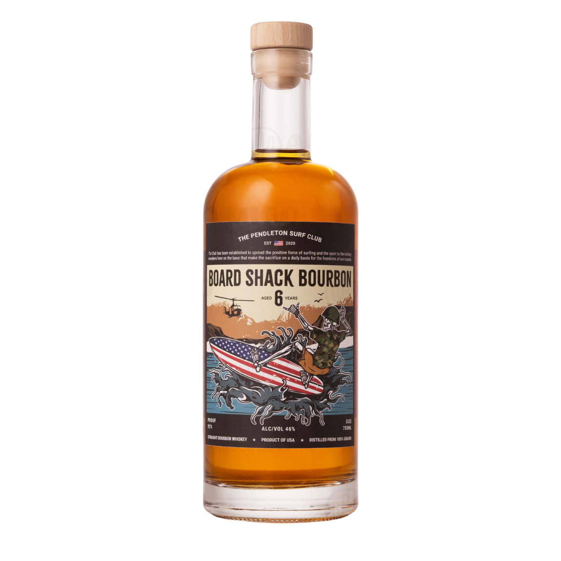 Bottle of Board Shack Bourbon with a colorful label on a white background